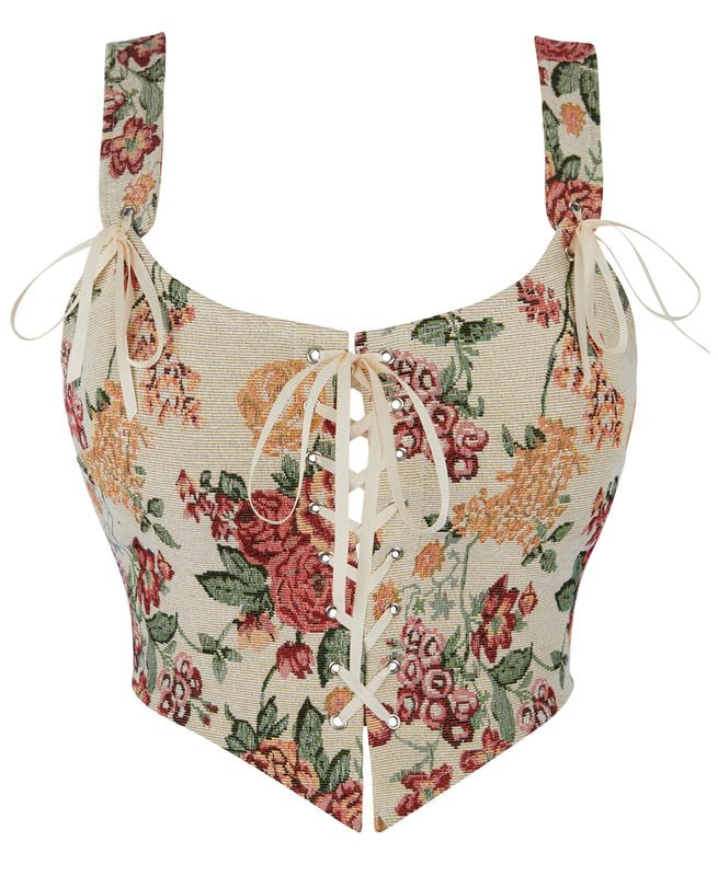 Womens Vintage Floral Print Grommet Lace Up Tie Front Corset Bustier Shapewear Top