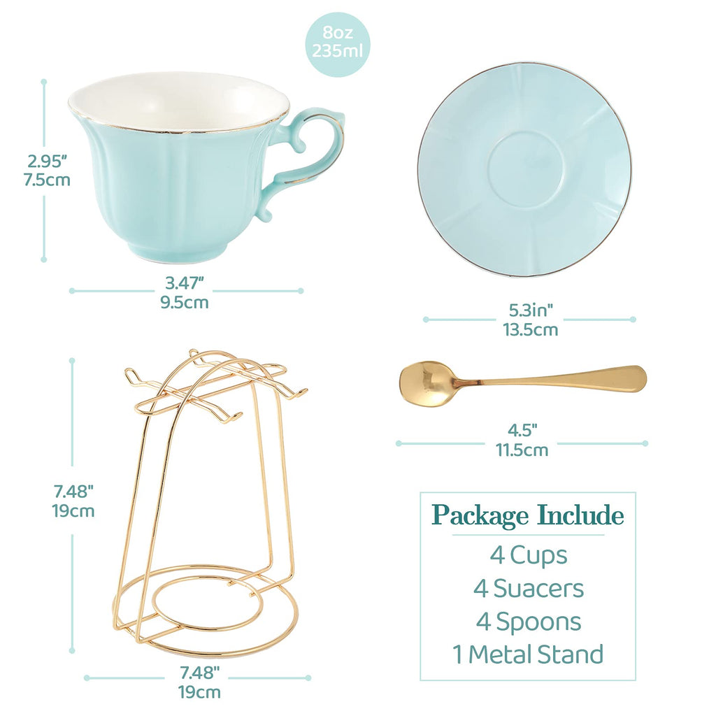 Tea Cups and Saucers with Golden Trim, Petal Edge Coffee Cups with Metal Stand