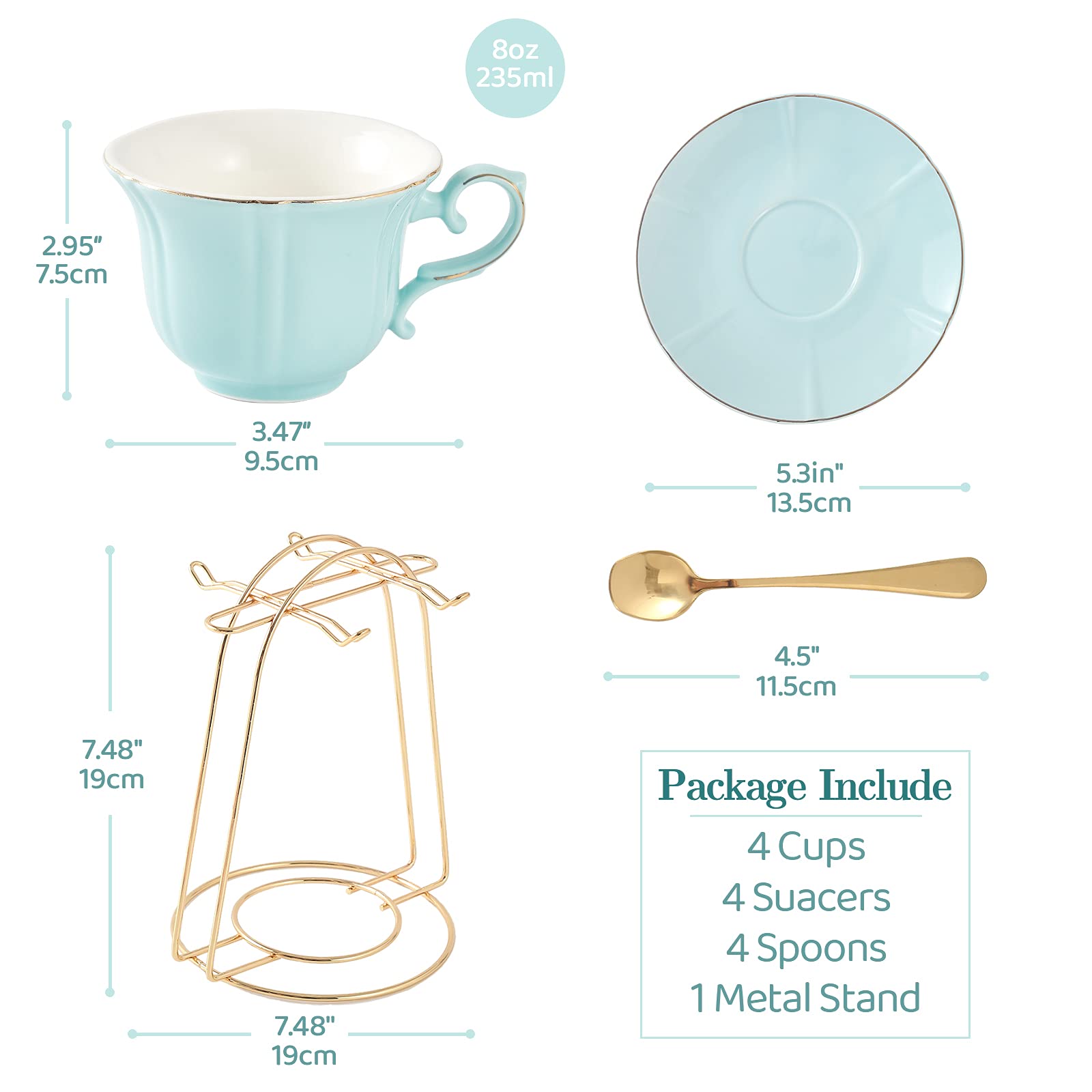 Tea Cups and Saucers with Golden Trim, Petal Edge Coffee Cups with Metal Stand