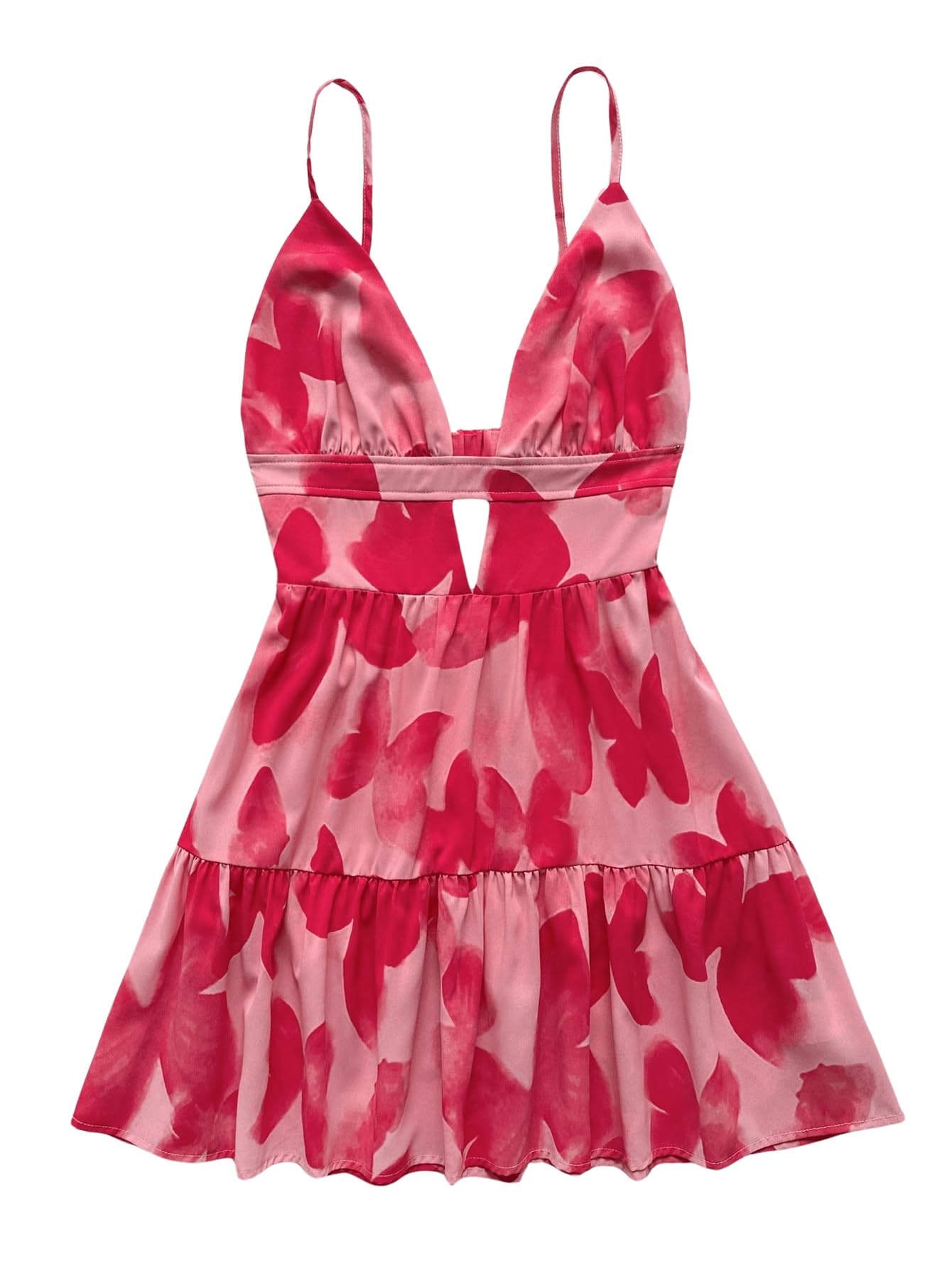 Women's Sleeveless Butterfly Print Cut Out V Neck Tiered Mini Cami Dresses
