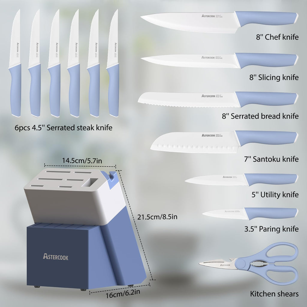 Colorful Kitchen Knives Set with Block and Sharpener Ceramic Coating 15 Pcs German Stainless Steel Knives Sharp Blade Dishwasher Safe Knife Block Set with Ergonomic Handle