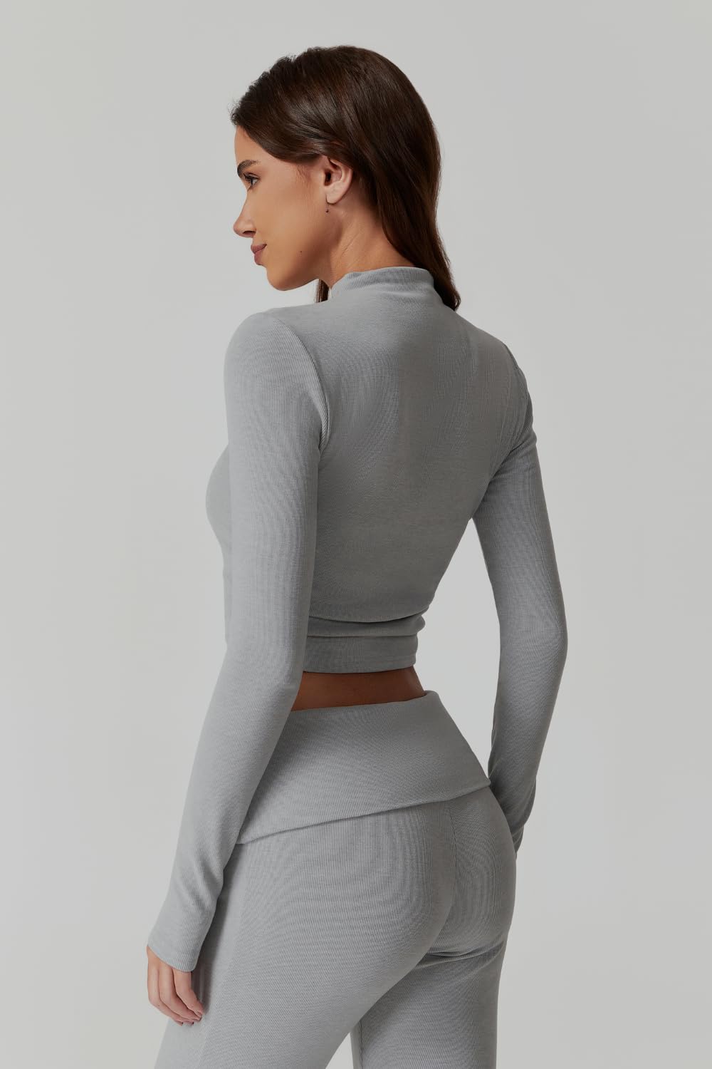 Womens 2 Piece Lounge Sets Mock Neck Long Sleeve Tops with Side Ruched Fold Over Flare Pants Comfy Tracksuits