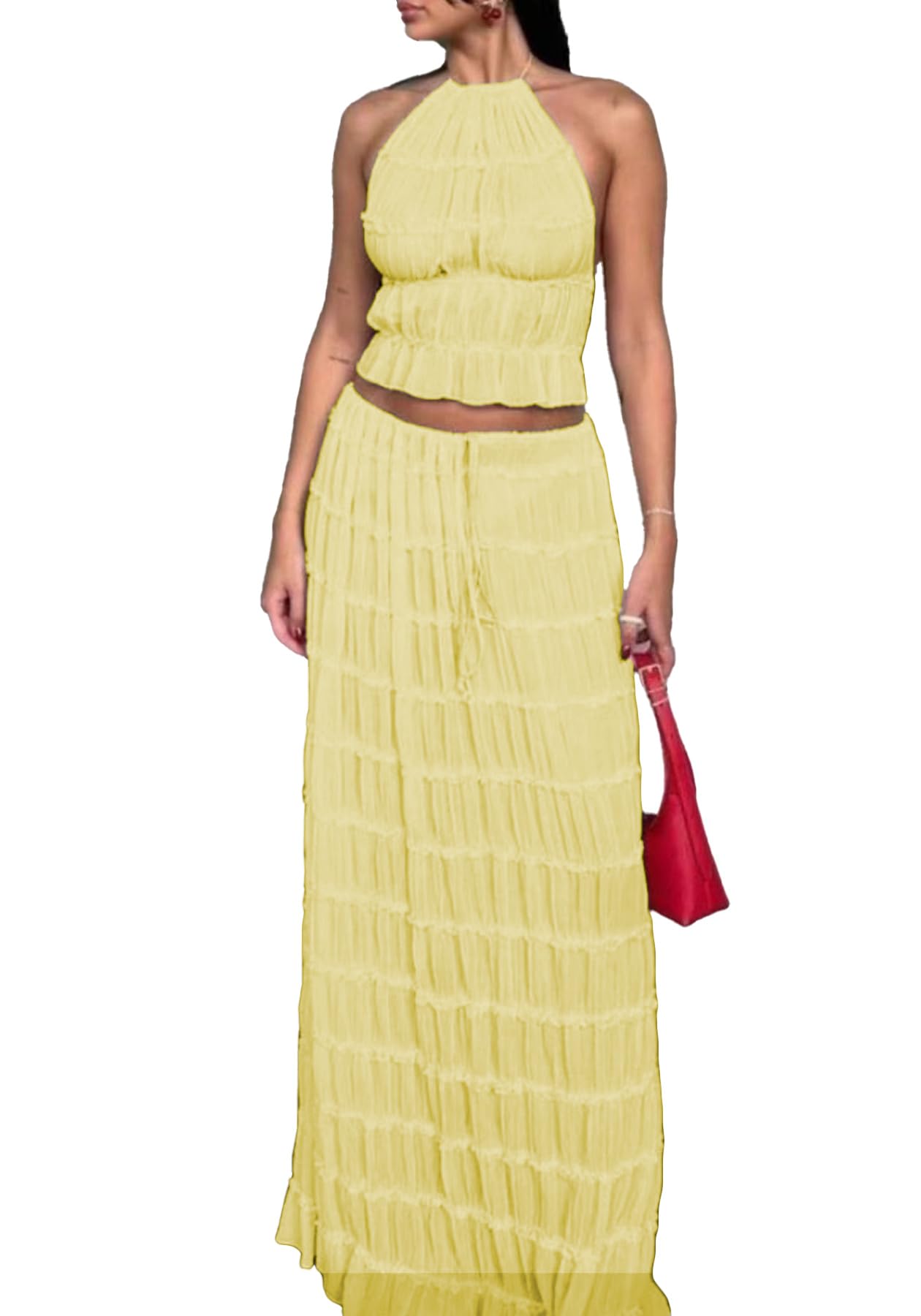 Skirt Sets Women 2 Piece Outfits Backless Halter Top And Pleated Ruffle Flowy Maxi Skirts Y2k Beach Vacation Set