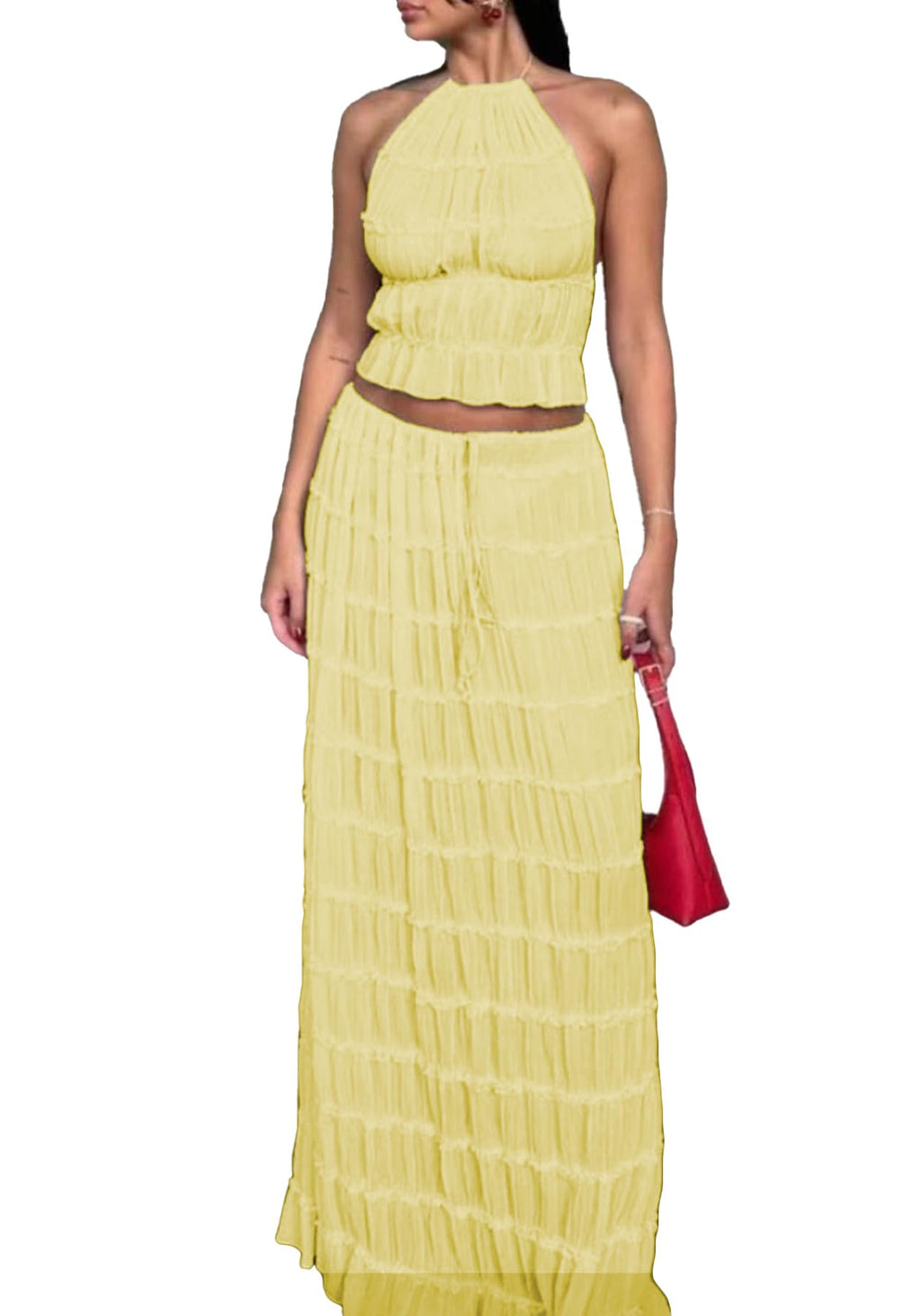 Skirt Sets Women 2 Piece Outfits Backless Halter Top And Pleated Ruffle Flowy Maxi Skirts Y2k Beach Vacation Set