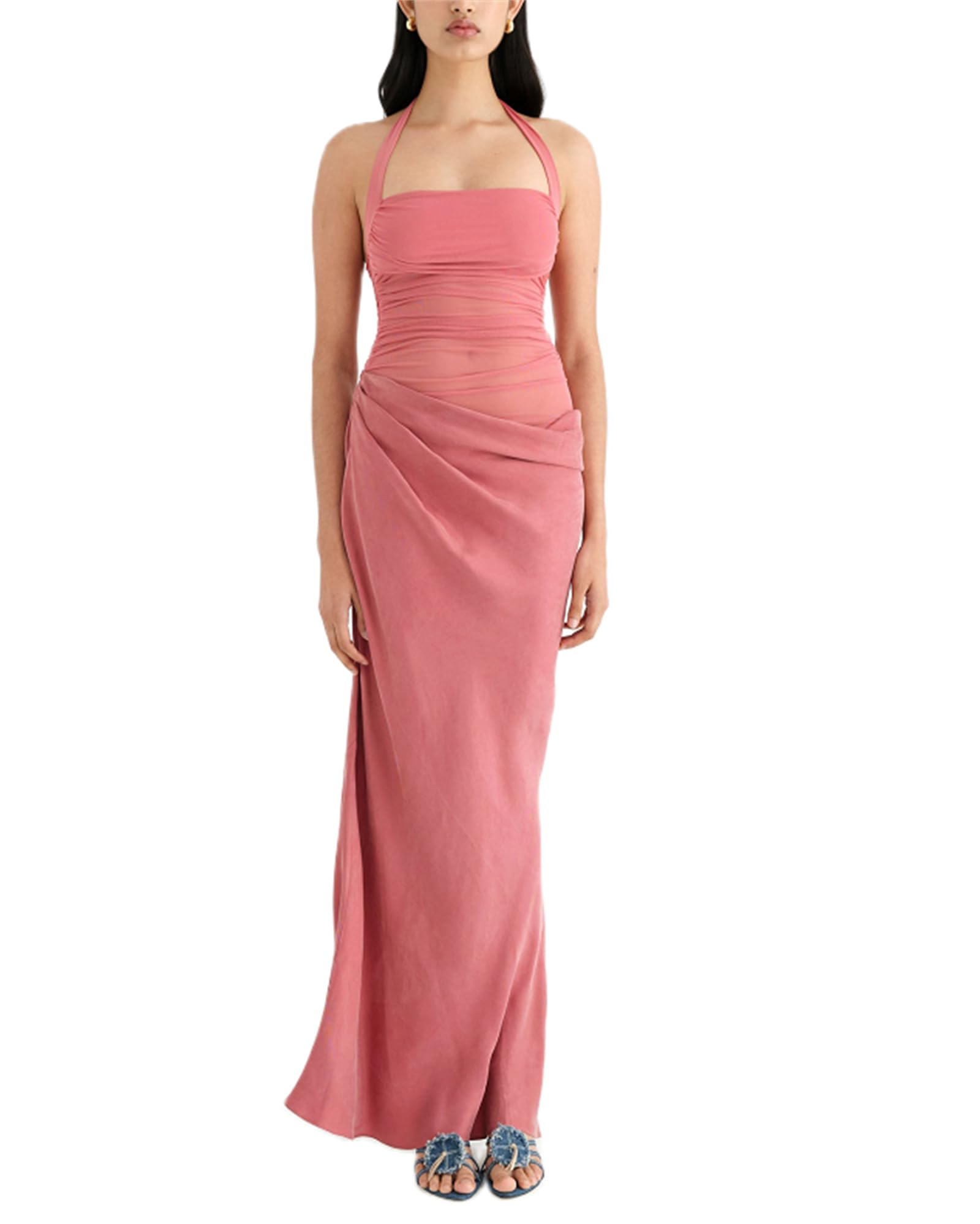 Women Sexy Hollow Out Maxi Dress Sleeveless Backless Lace Pachwork Bodycon Long Dress Y2k Dress