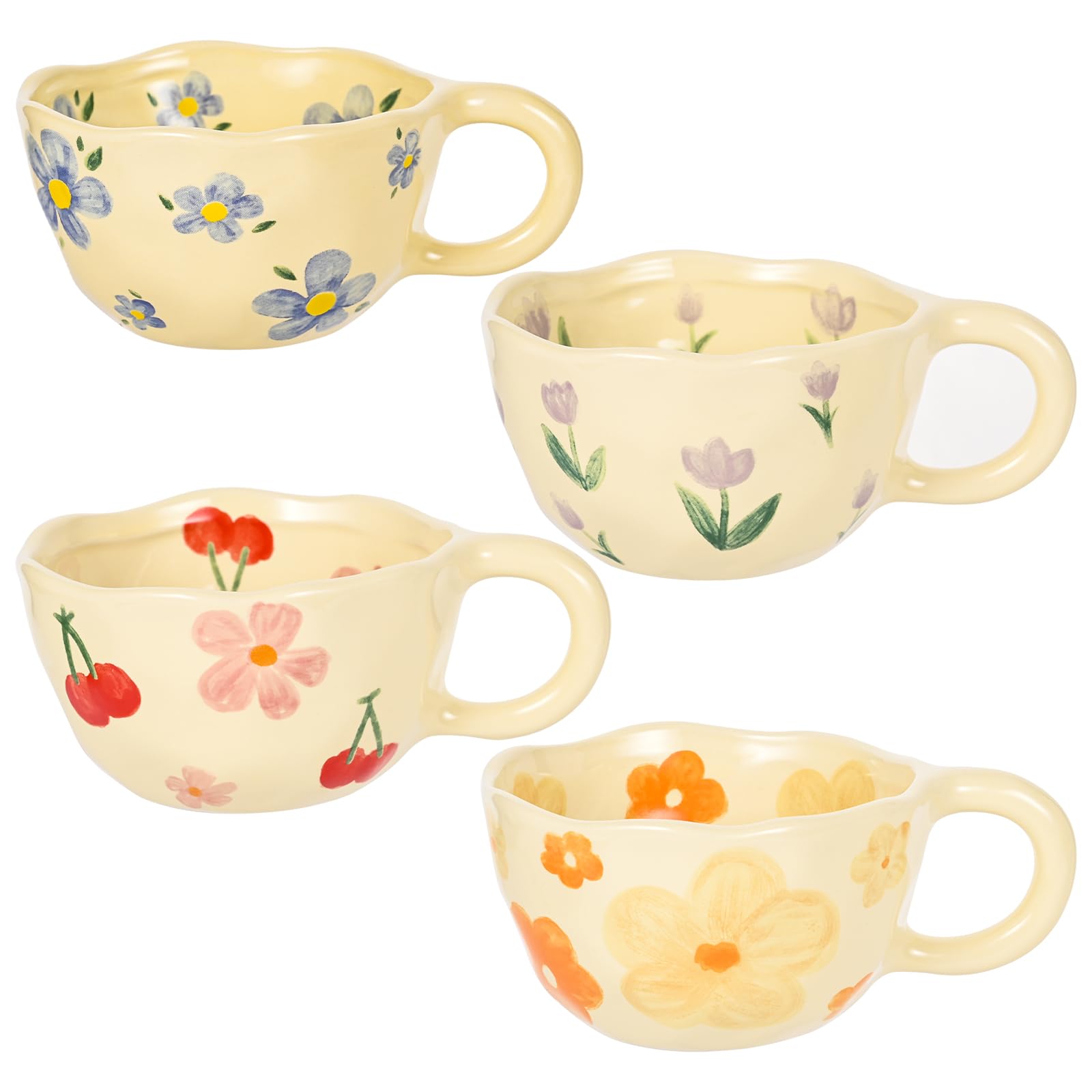 Set of 4 Vintage Floral Ceramic Coffee Mugs â€?8 oz Irregular Latte Art Cups