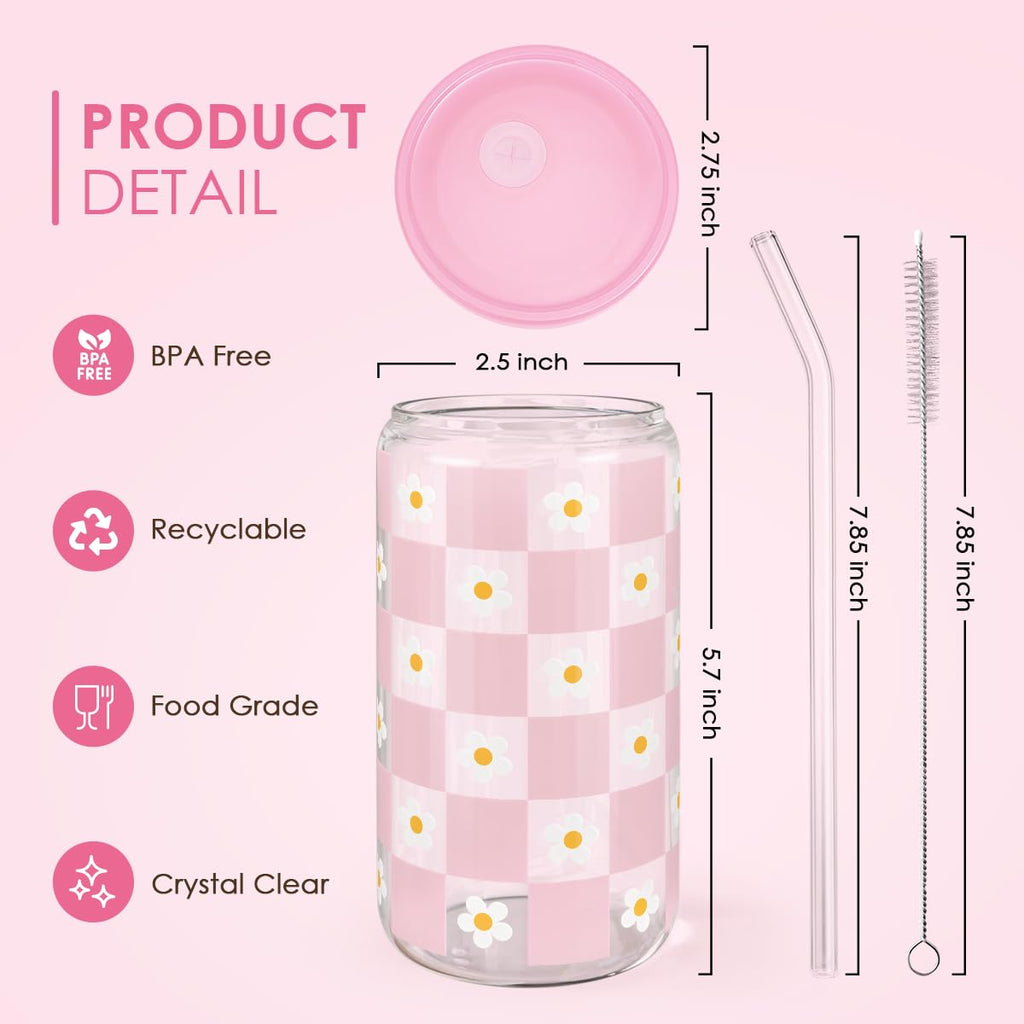 Glass Cup with Lid & Straw, Iced Coffee Aesthetic Glass Can, 16oz