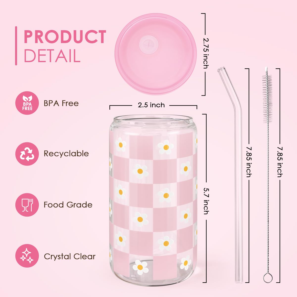 Glass Cup with Lid & Straw, Iced Coffee Aesthetic Glass Can, 16oz