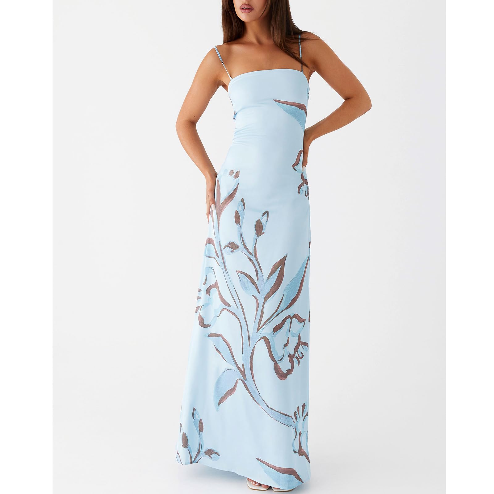 Women Floral Slip Dress Spaghetti Strap Maxi Dress Backless Slim Fit Long Dresses Flowers Print Going Out Dress