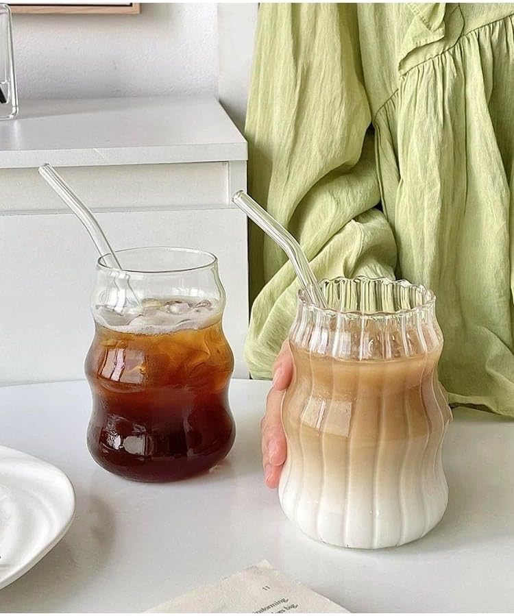 Mixed Drinkware Sets Glass Cups Set of 2 with Glass Straw, 18 Oz Drinking Glassware, Wave Shape Design, Bubble Cups