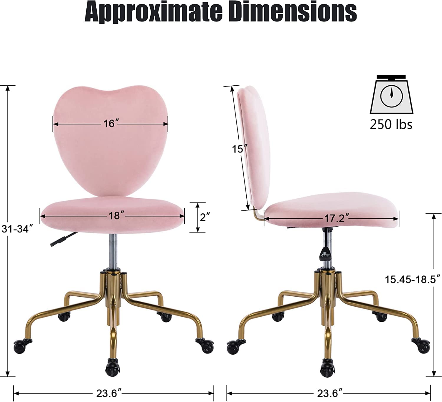 Coquette Adjustable Swivel Desk Chair with Wheels, Pink Upholstered Velvet Office Vanity Task Chair with Heart Back