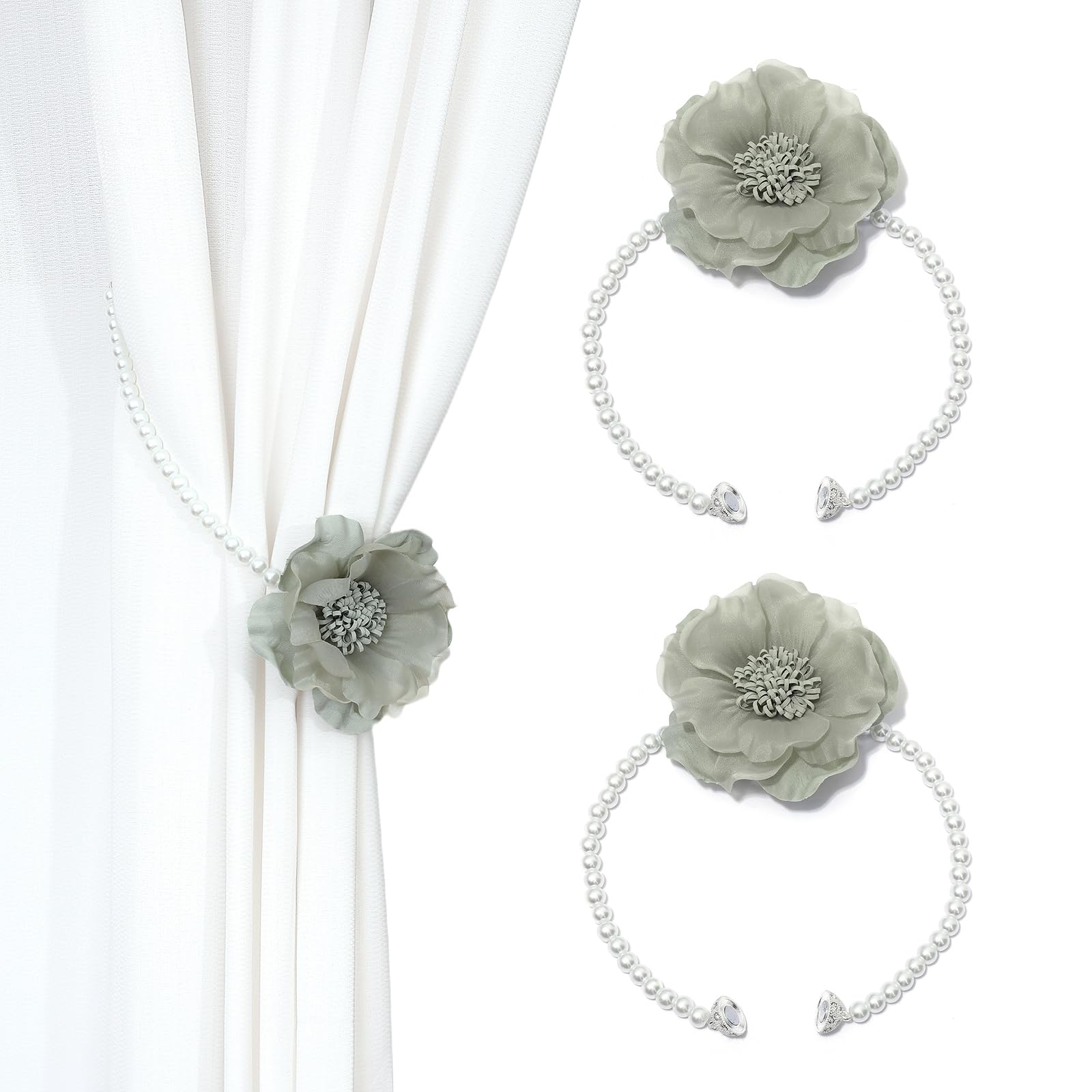 Elegant Pearl Magnetic Curtain Tieback with Handmade Flower Decorative Drapery Holdbacks Rope Holder