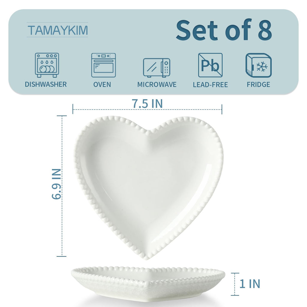 Porcelain Dessert Plates Set of 8, Heart Shaped Appetizer Plates, White Salad Dinnerware Set, White with Pearl Dots 7.5 Inch
