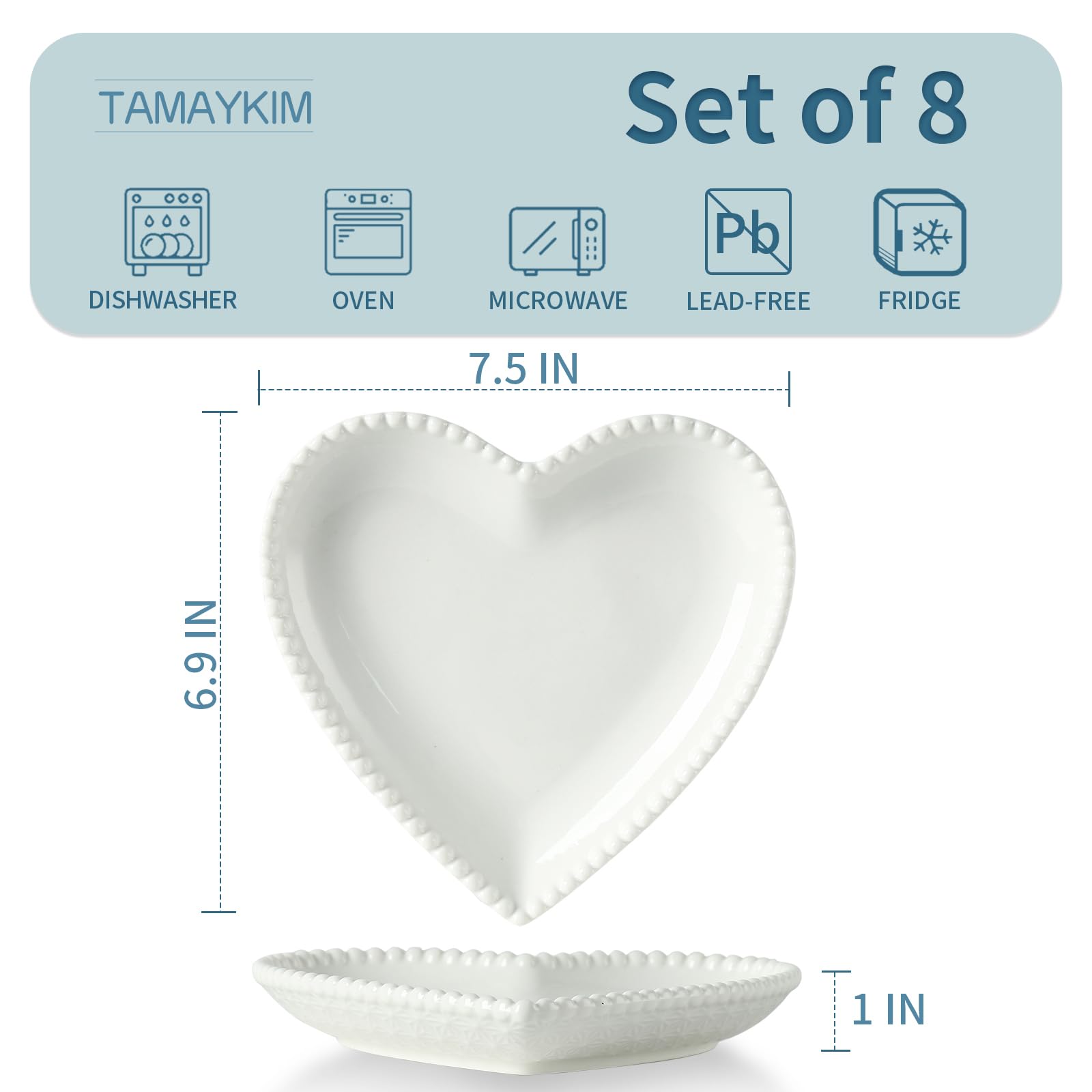 Porcelain Dessert Plates Set of 8, Heart Shaped Appetizer Plates, White Salad Dinnerware Set, White with Pearl Dots 7.5 Inch