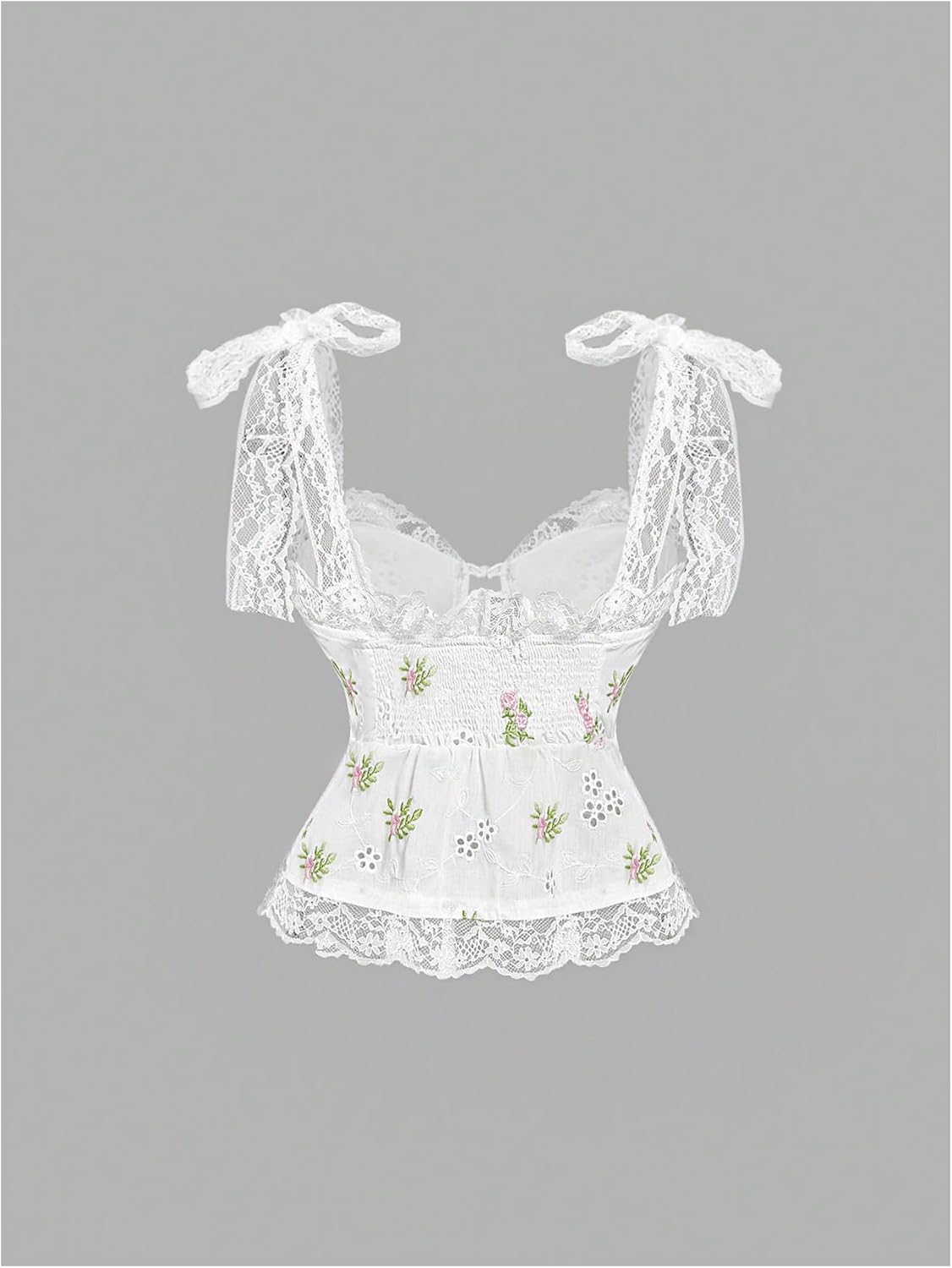 Women's Lace Floral Embroidery Coquette Tank Top Tie Shoulder Smocked Knot Y2K Crop Cami Top