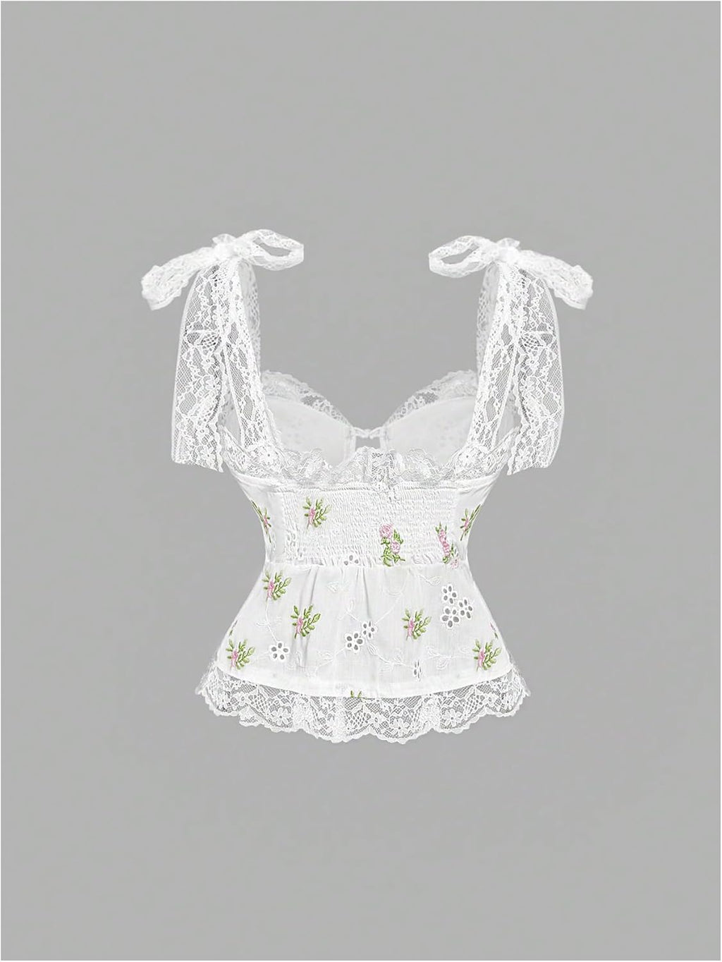 Women's Lace Floral Embroidery Coquette Tank Top Tie Shoulder Smocked Knot Y2K Crop Cami Top