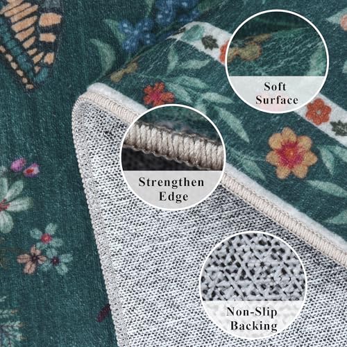 Insect Floral Area Rug, Machine Washable Area Rug Non-Slip Low Pile Large Bedroom Rug Stain Resistant Throw Rug Carpet