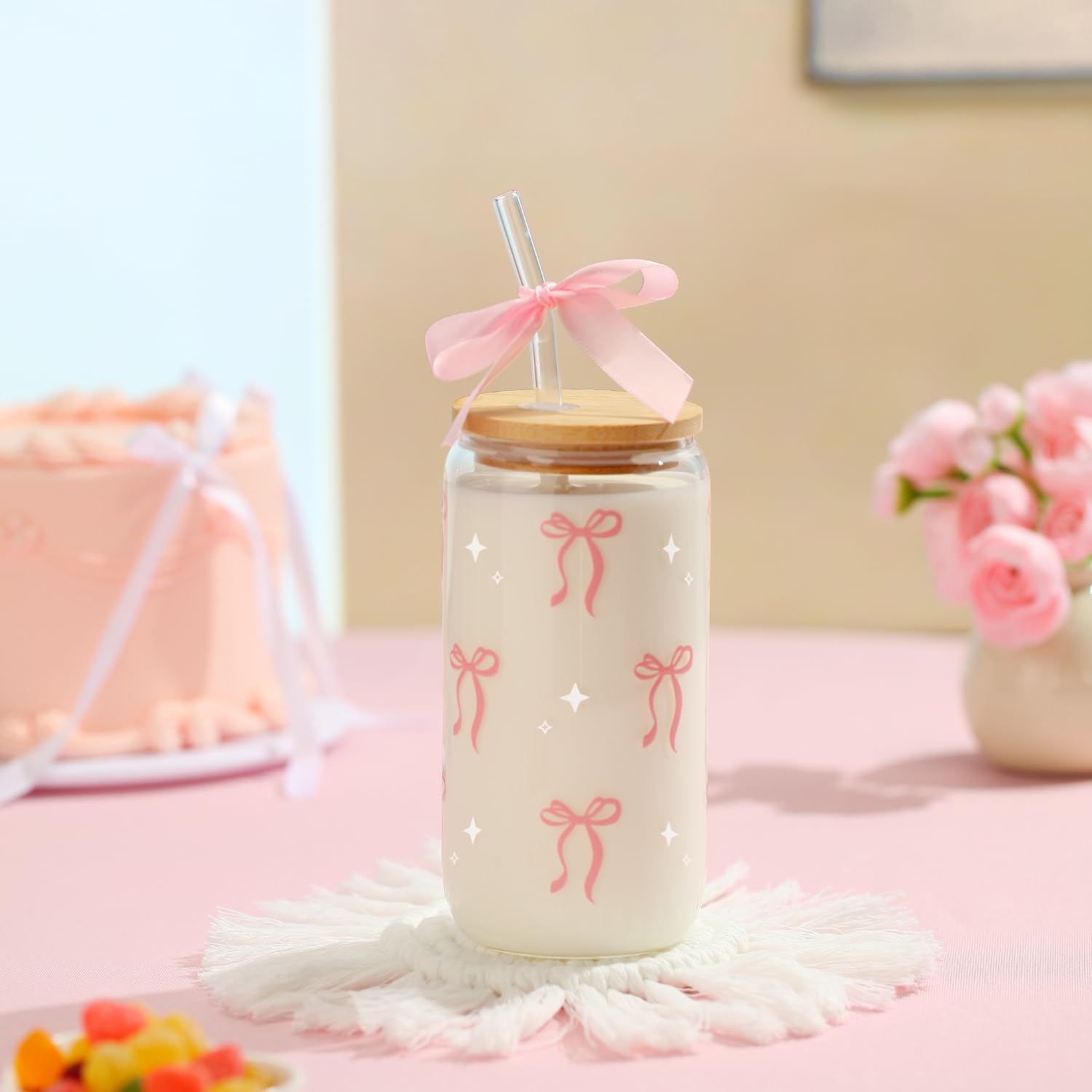 Coquette Black Bow Aesthetic Cup With Gift Box 16oz Glass Cup with Lids Straws and Black Bow Iced Coffee Smoothie Cute Tumbler with Cleaning Brush