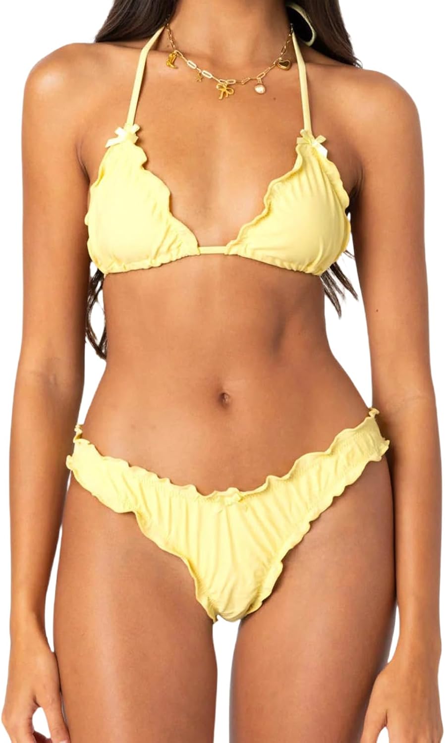 Women Cute Bikini Set Lettuce Trim Halter Neck Tie Up Bikini Top Triangle Set 2 Pieces Coquette Bathing Suit