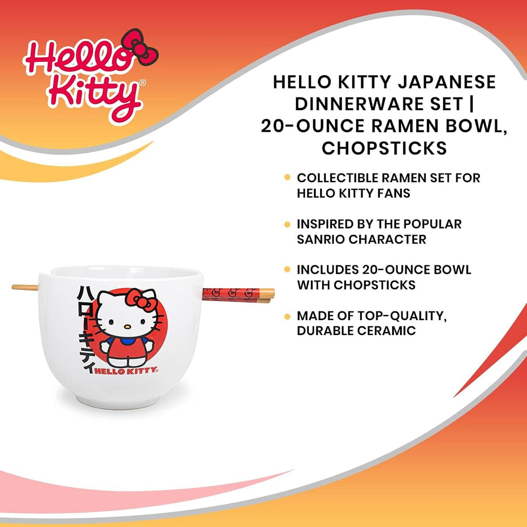 Ceramic Sanrio Hello Kitty Ramen Noodle Rice Bowl with Chopsticks, Microwave Safe