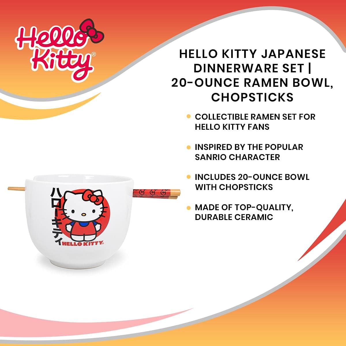 Ceramic Sanrio Hello Kitty Ramen Noodle Rice Bowl with Chopsticks, Microwave Safe