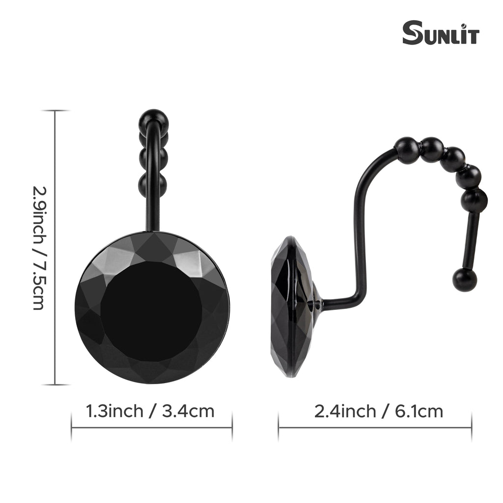 Luxury Design Round Diamond Crystal Gem Bling with Glide Balls Shower Curtain Hooks, Rust Proof Metal Rhinestones Glam Shower Curtain Rings-12 Pack