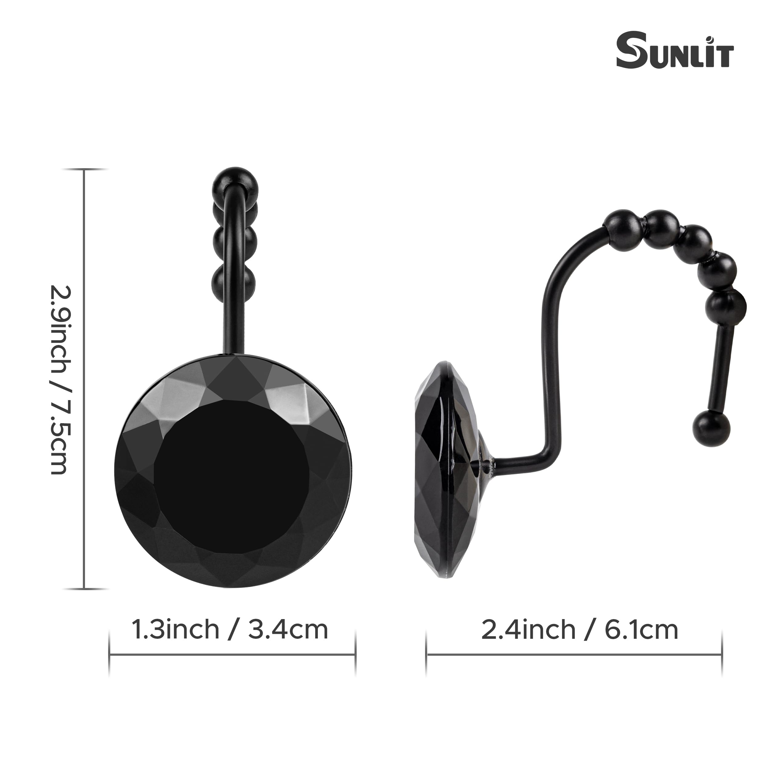 Luxury Design Round Diamond Crystal Gem Bling with Glide Balls Shower Curtain Hooks, Rust Proof Metal Rhinestones Glam Shower Curtain Rings-12 Pack