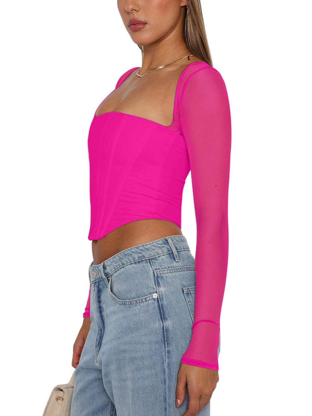 Women's Sexy Sheer Long-Sleeve Corset â€?Y2K Square Neck, Cropped Party Top