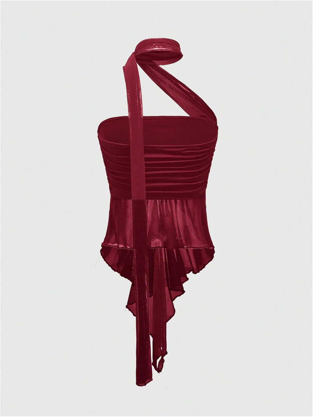 Women's Sheer Ruffle Trim Halter Tops Asymmetrical Hem Ruched Sleeveless Fitted Crop Tops Y2K Party Top