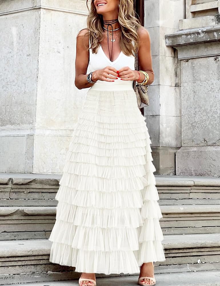 Long Tulle Skirt for Women Trendy High Waisted A Line Fluffy Fairy Mesh Layered Ruffle Skirt