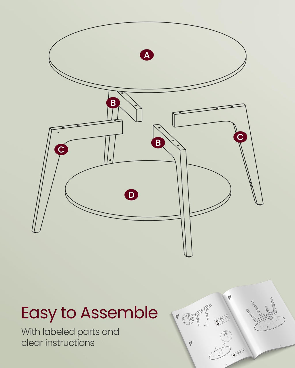 Round Coffee Table, 2 Tier Coffee Table with Storage, for Living Room, 31.5 x 17.7 Inches, Easy to Assemble