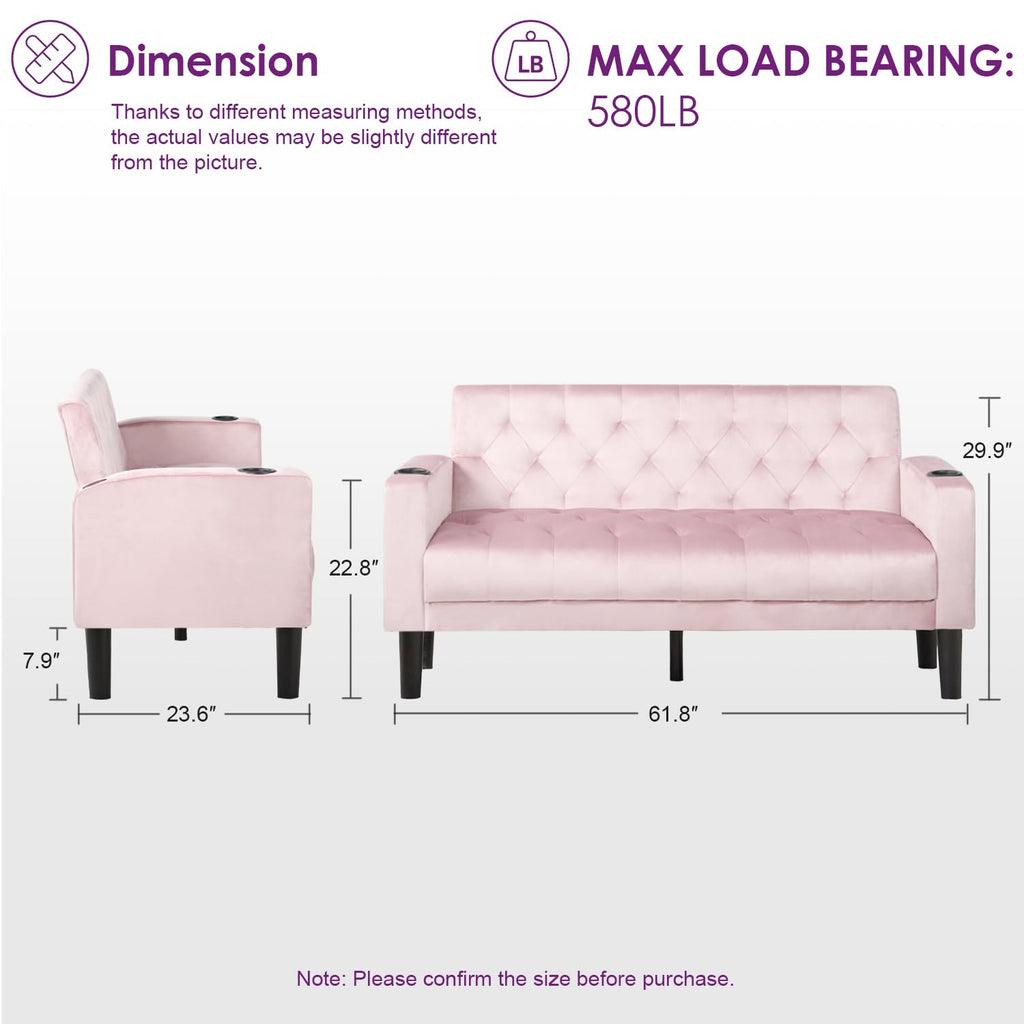 Velvet Loveseat Sofa w/ 2 USB Charger Ports and 2 Cupholders, Mid-Century Modern Tufted