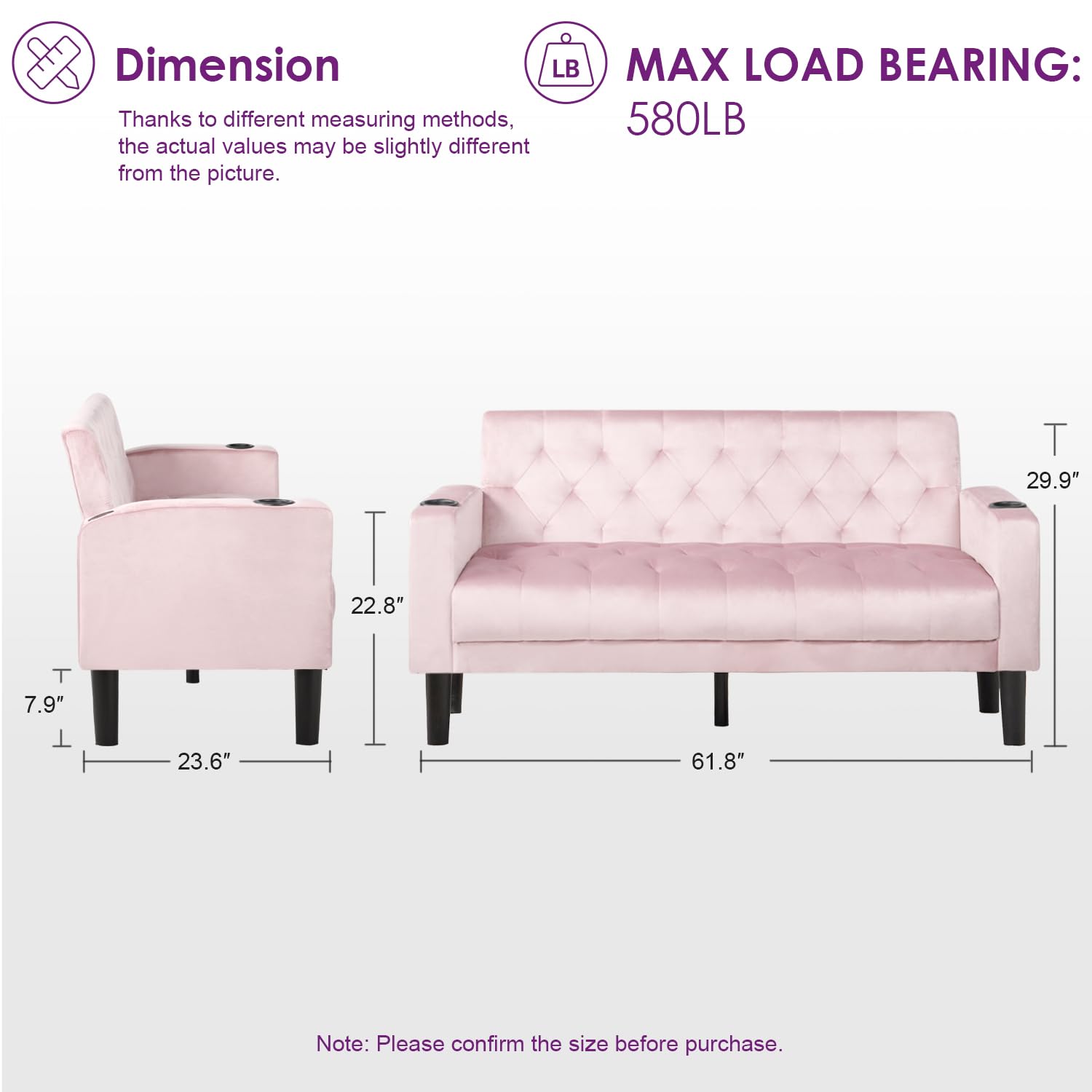 Velvet Loveseat Sofa w/ 2 USB Charger Ports and 2 Cupholders, Mid-Century Modern Tufted