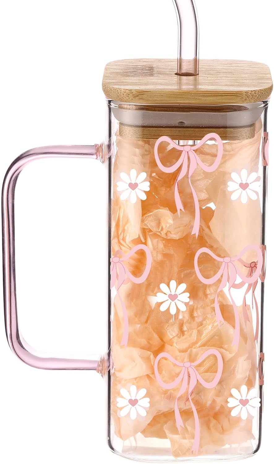 Coquette Pink Bow Glass Cup with Bamboo Lid and Straw for Women, 13. 5oz Coquette Aesthtic Drinking Tumbler Bow Square Cup with Handle