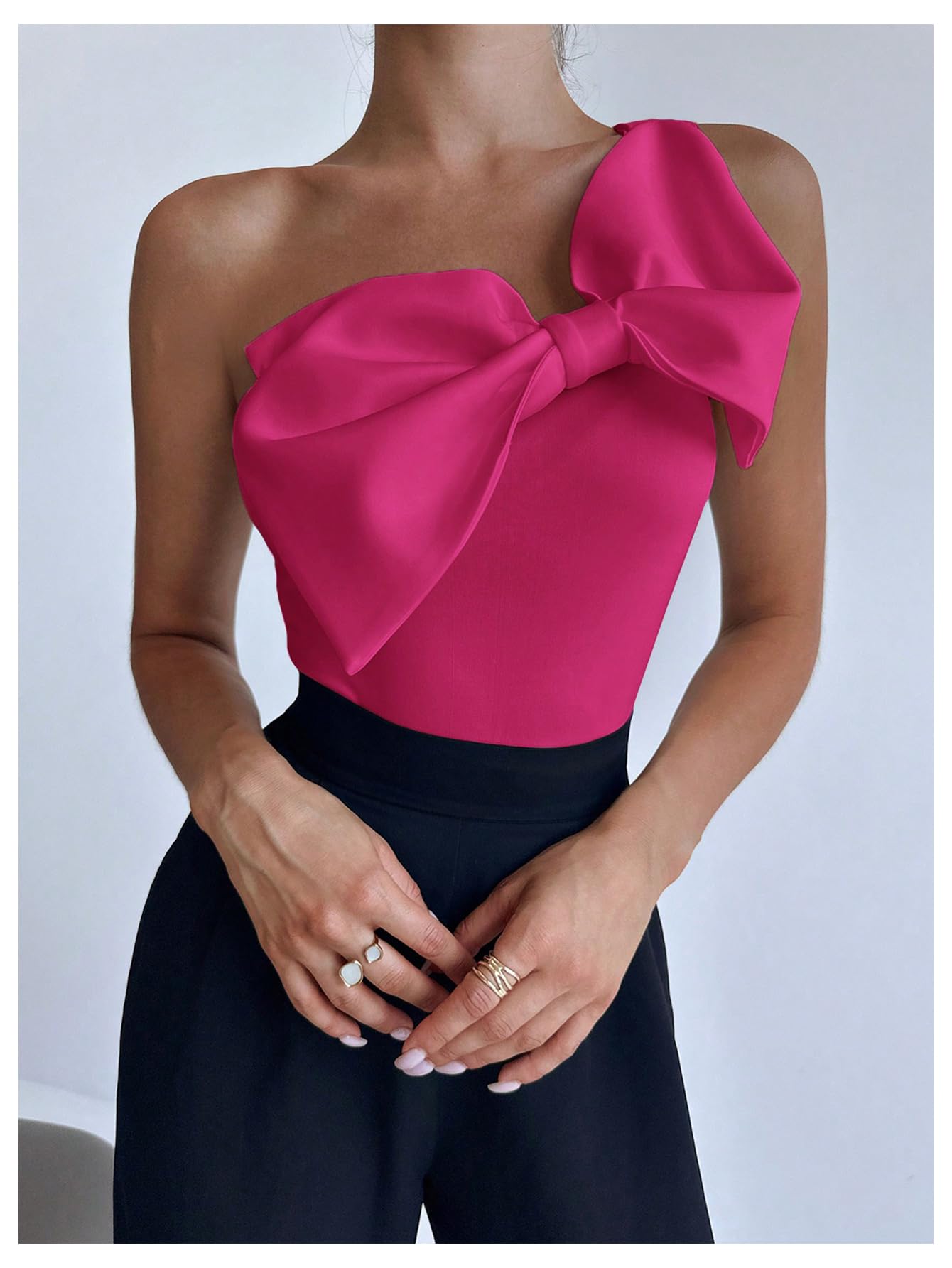 Women's One Shoulder Sleeveless Big Bow Front Elegant Fitted Tank Top Bodysuit