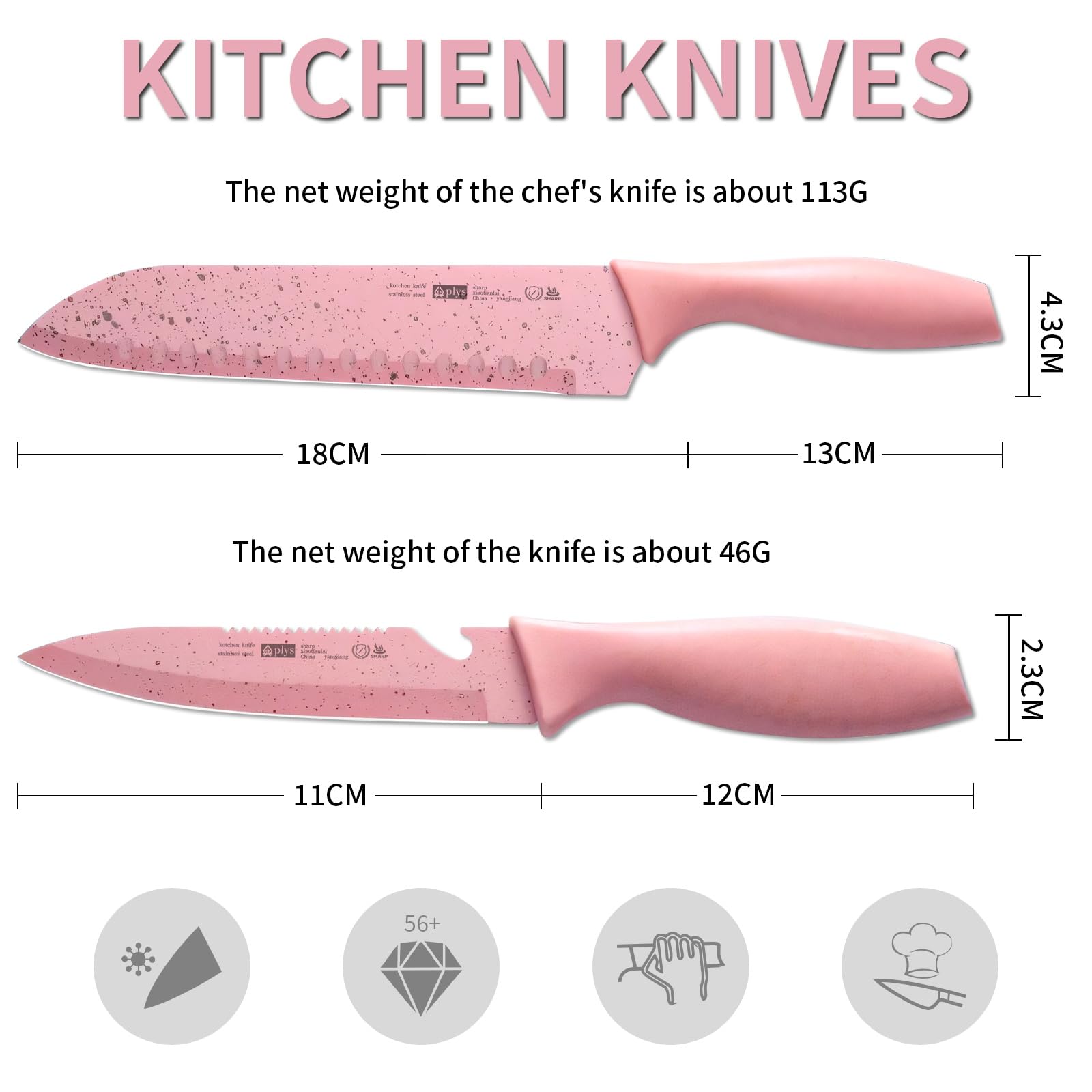 Pink Knife Set of 2, Stainless Steel 4.5" Paring Knives 7" Santoku Knives with Ergonomic Handle, Lightweight Kitchen Knives Set