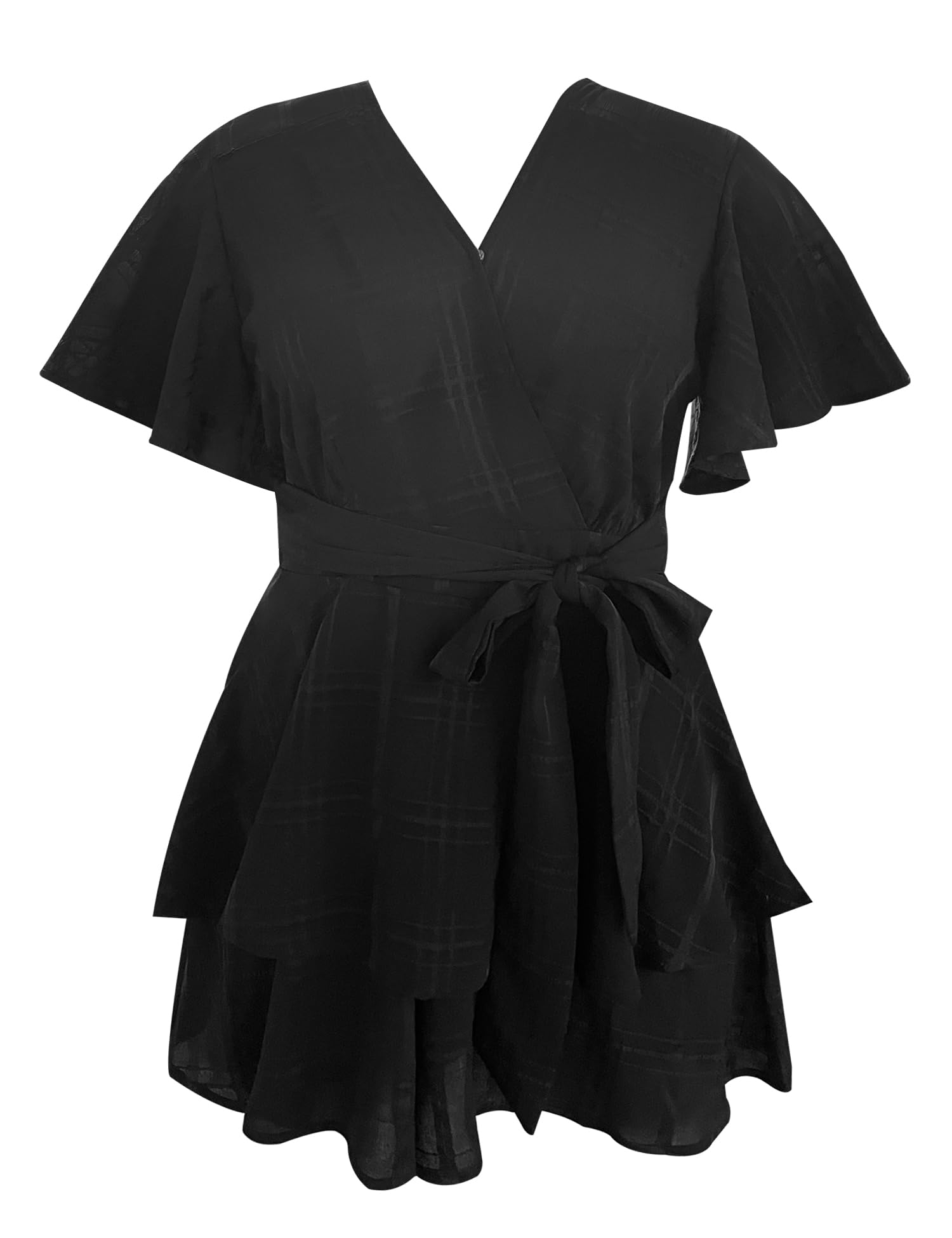 Women's Floral Rompers Jumpsuits V Neck Short Baggy Sleeve Waist Tie Double Layer Ruffle Hem Romper