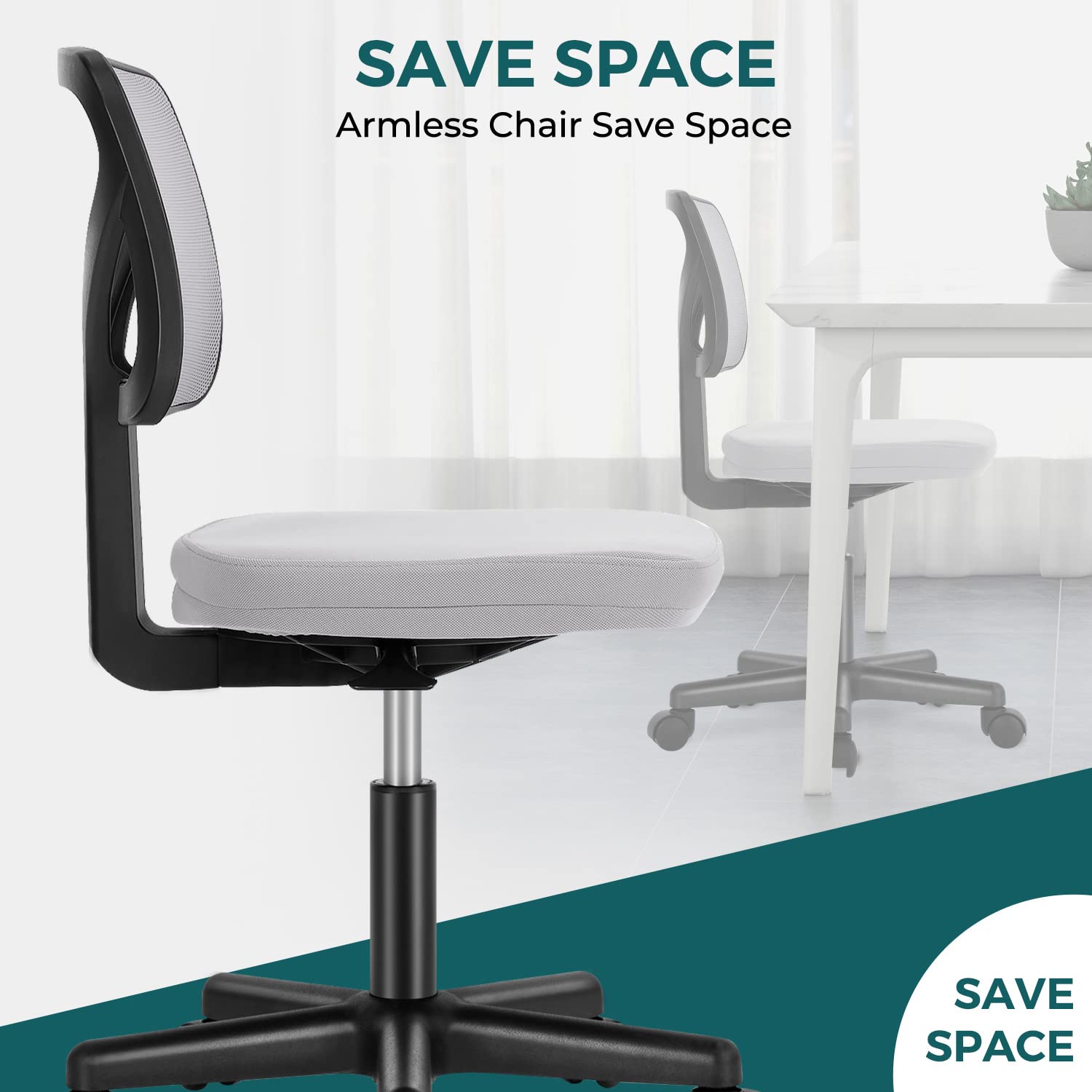Vanity Swivel Armless Desk Chairs with Wheels, Ergonomic Adjustable Home Office Rolling Task Chair, Comfy Mesh Mid Back