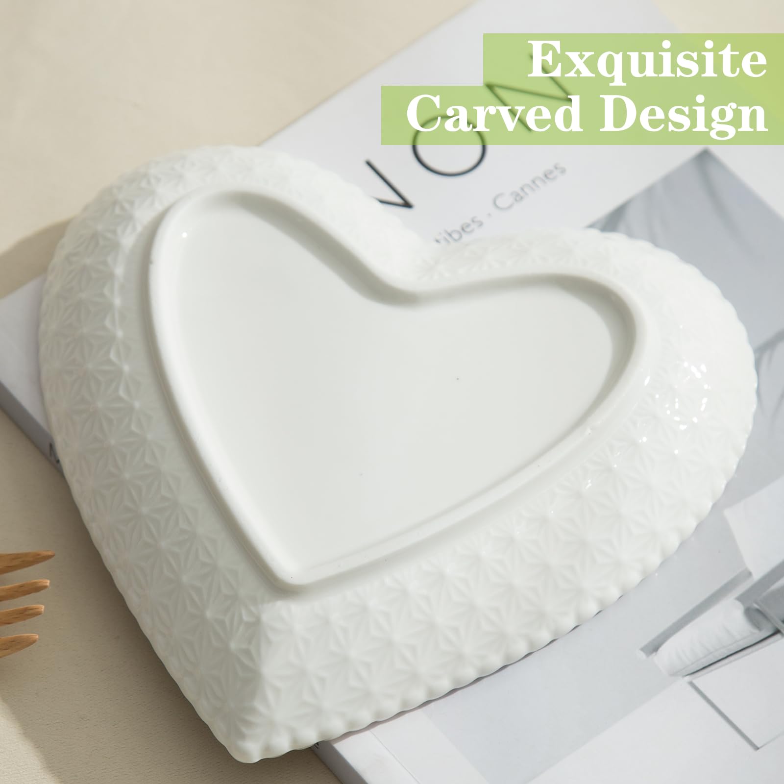 Porcelain Dessert Plates Set of 8, Heart Shaped Appetizer Plates, White Salad Dinnerware Set, White with Pearl Dots 7.5 Inch