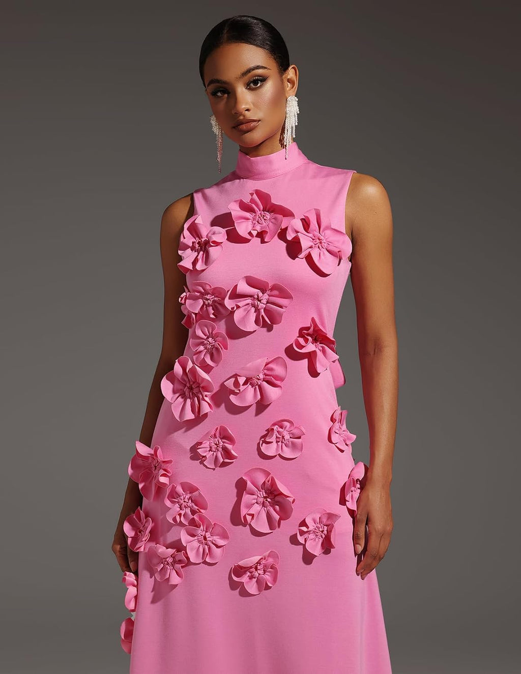 Pink 3D Flower Garden Party Dress Sleeveless Elegant Dress Maxi Bodycon Dress High Neck Pleated Dress for Women