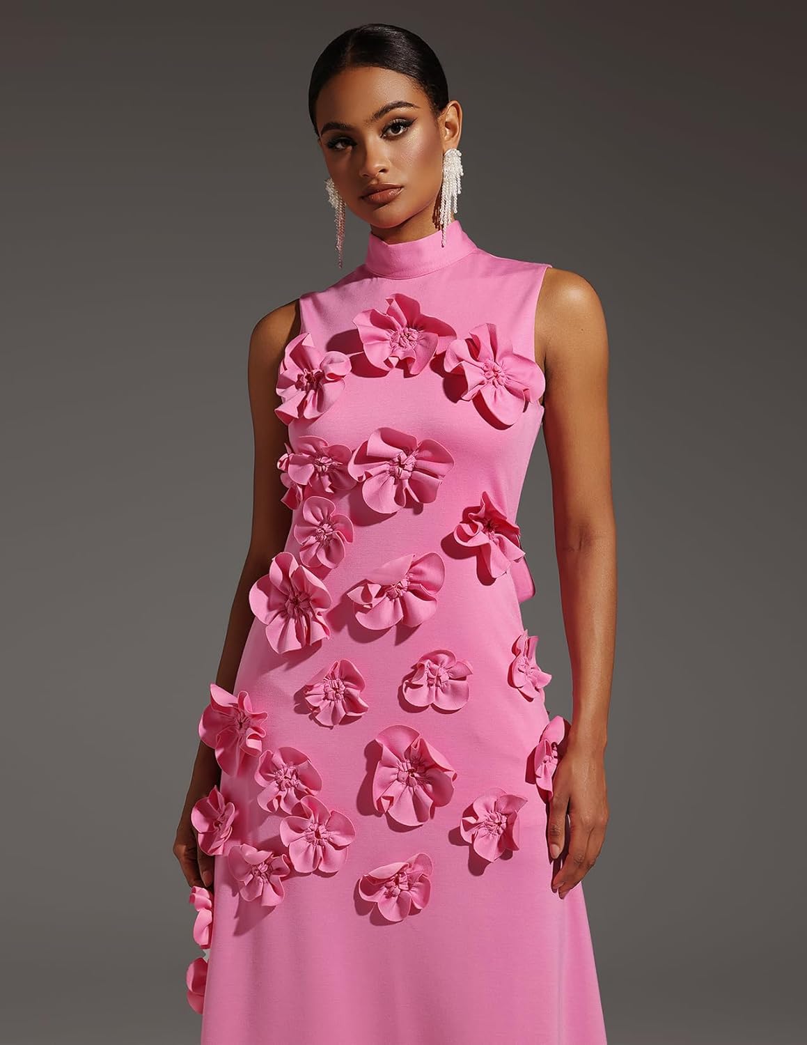 Pink 3D Flower Garden Party Dress Sleeveless Elegant Dress Maxi Bodycon Dress High Neck Pleated Dress for Women