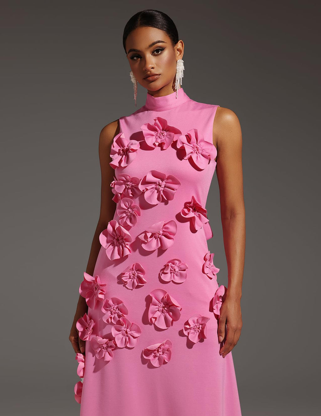 Pink 3D Flower Garden Party Dress Sleeveless Elegant Dress Maxi Bodycon Dress High Neck Pleated Dress for Women