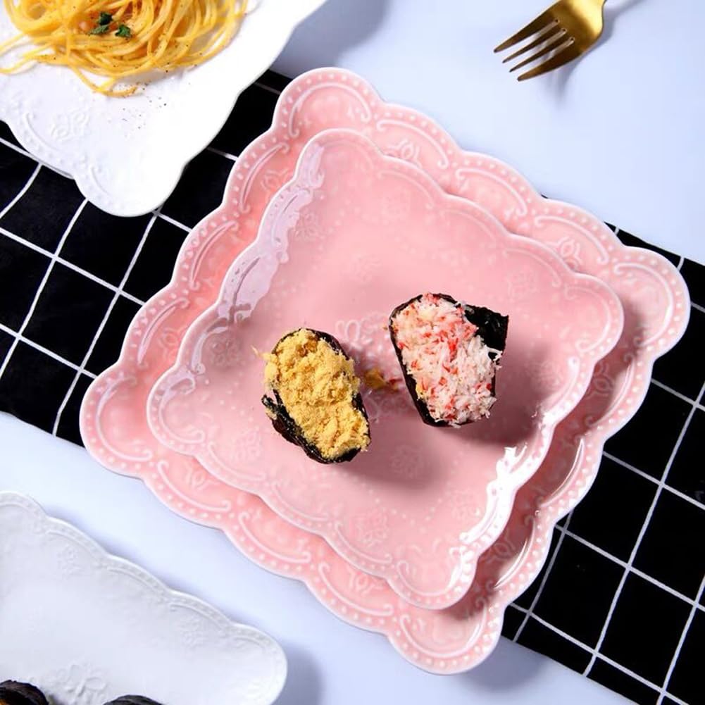 Elegant Square Embossed Lace Plate Bone China Dessert Plate Ceramic Plate Afternoon Tea