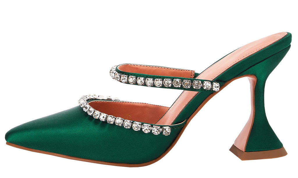 Women's Pointed Toe Strappy Heels Crystal Satin Heeled Mules Shoes