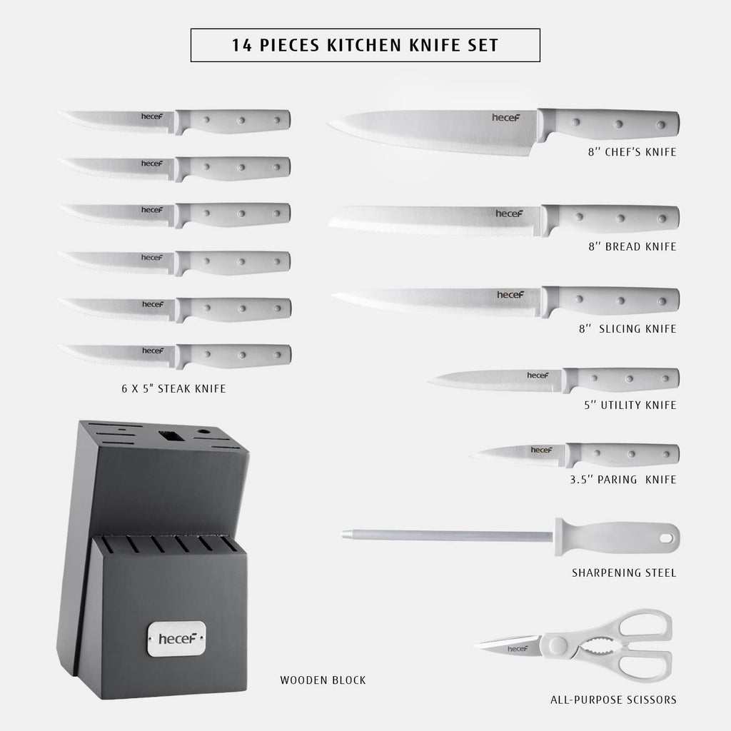 Kitchen Knife Block Set, 14 Pieces Knife Set with Wooden Block & Sharpener Steel & All-purpose Scissors, High Carbon Stainless Steel Cutlery Set