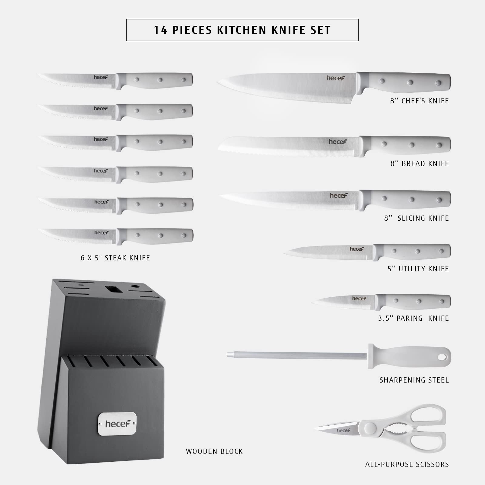 Kitchen Knife Block Set, 14 Pieces Knife Set with Wooden Block & Sharpener Steel & All-purpose Scissors, High Carbon Stainless Steel Cutlery Set