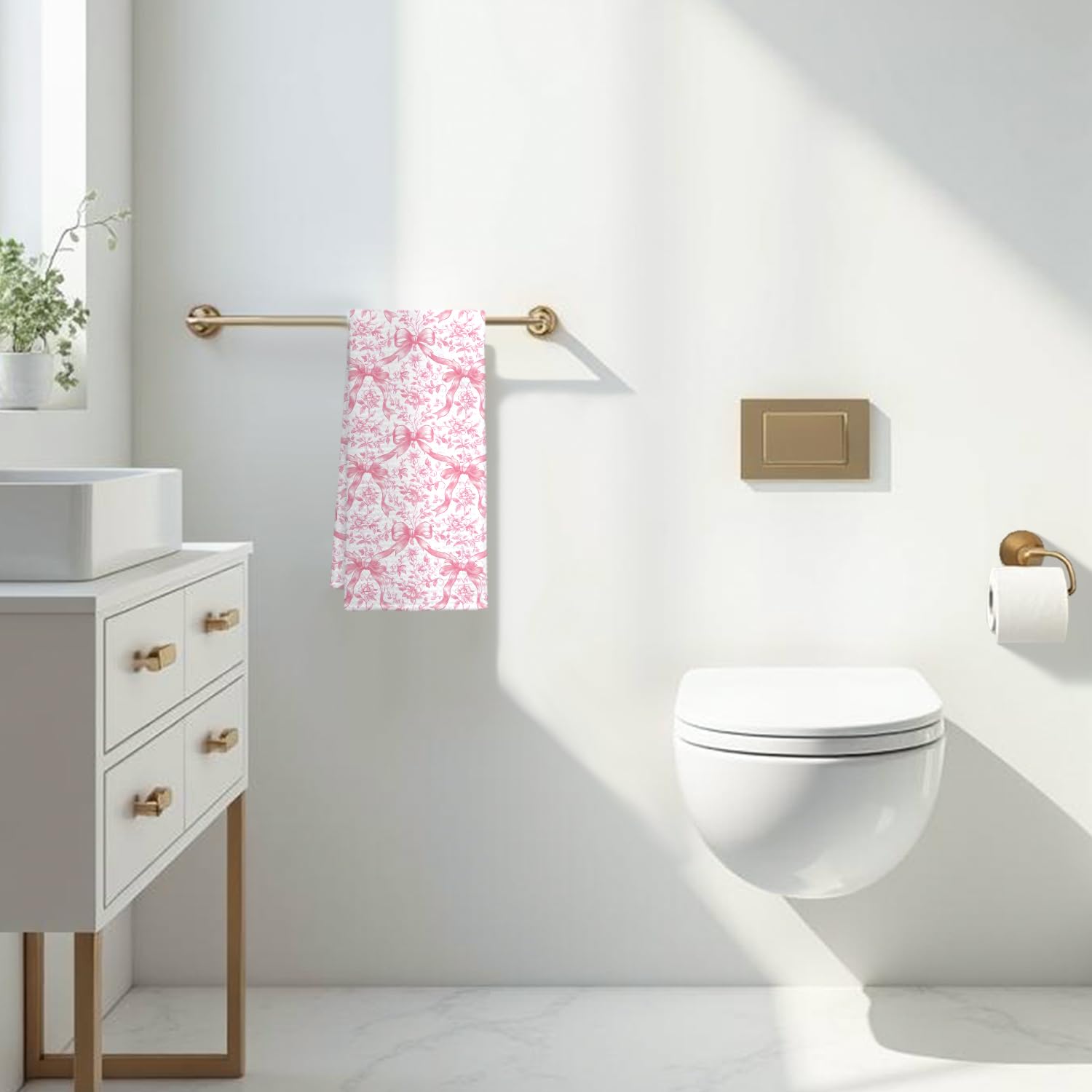 Coquette Bow Floral Kitchen Towel, Grandmillennial Pink Rose Flower Gingham Hand Towel for Bathroom, Pink and White Checkered Dish Tea Towel, 16x24 Inch