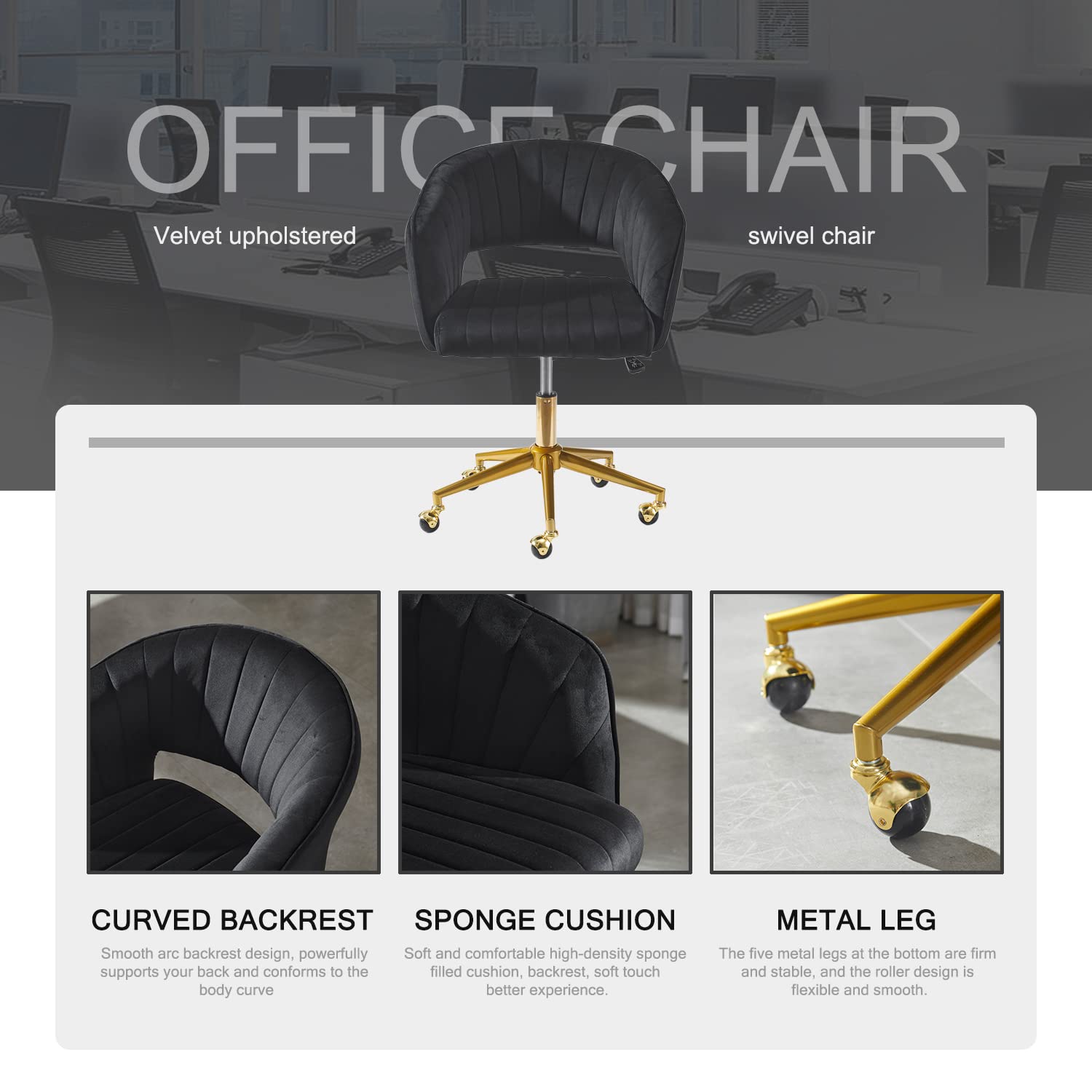 Vanity Velvet Chair, Upholstered Chairs with Adjustable Swivel Wheels