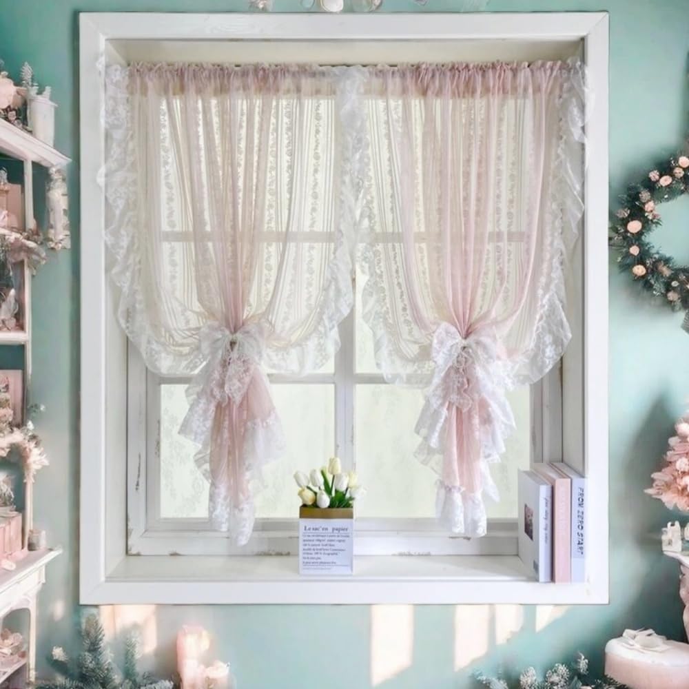 Floral Embroidery Sheer Lace Curtain with Ruffle Trim Romantic Gauze Curtains