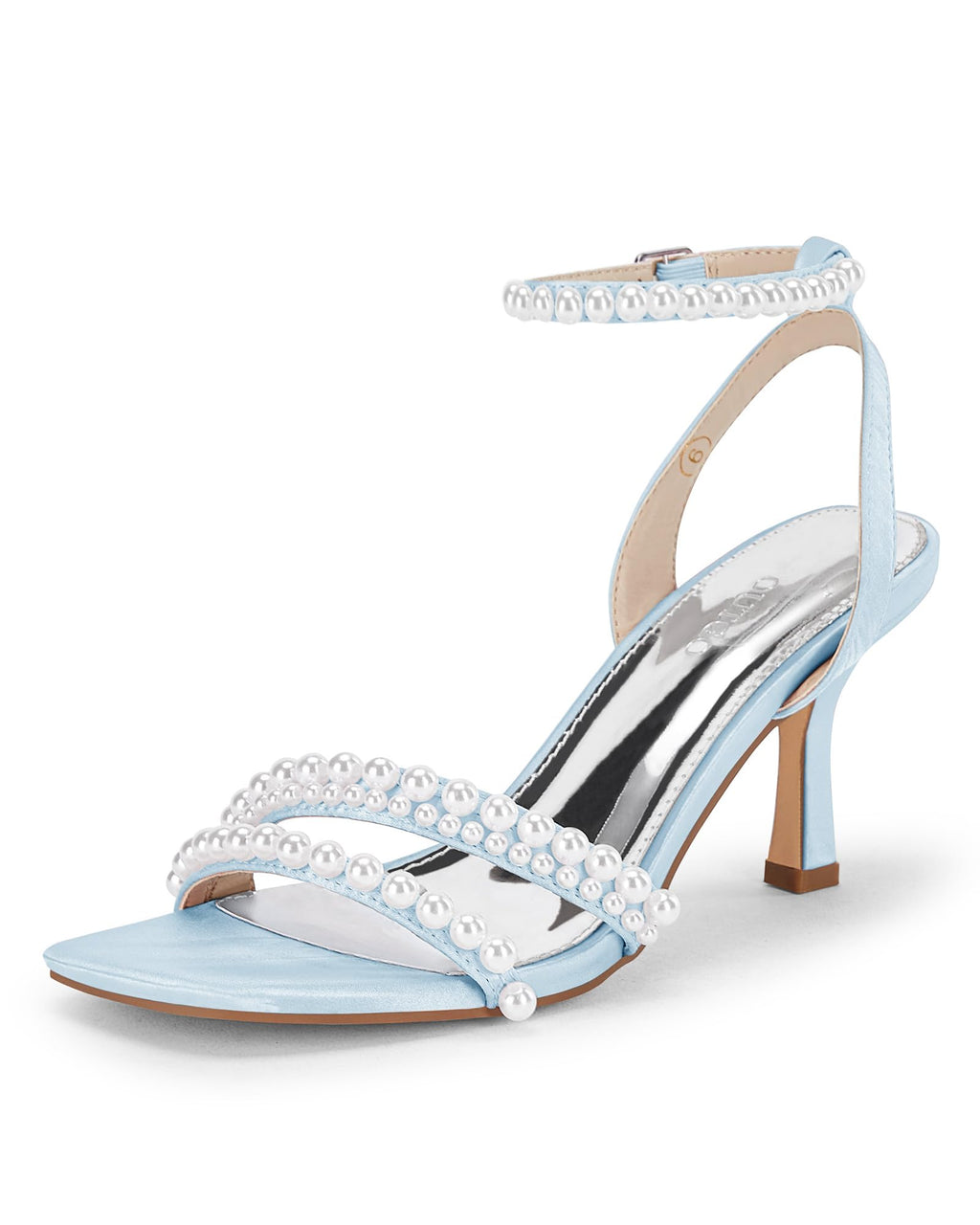 Women's Pearl Kitten Heels Sandals Square Open Toe Dress Sandals Ankle Strap Satin
